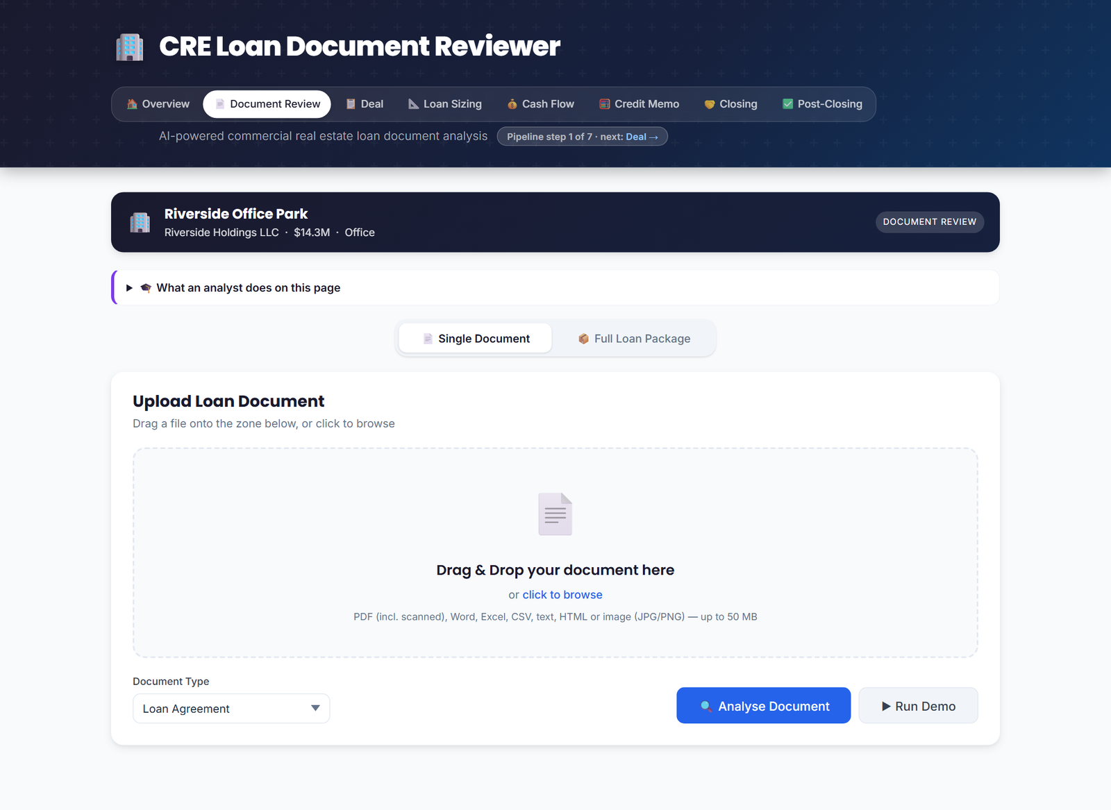 Document Review upload screen — the CRE Loan Document Reviewer