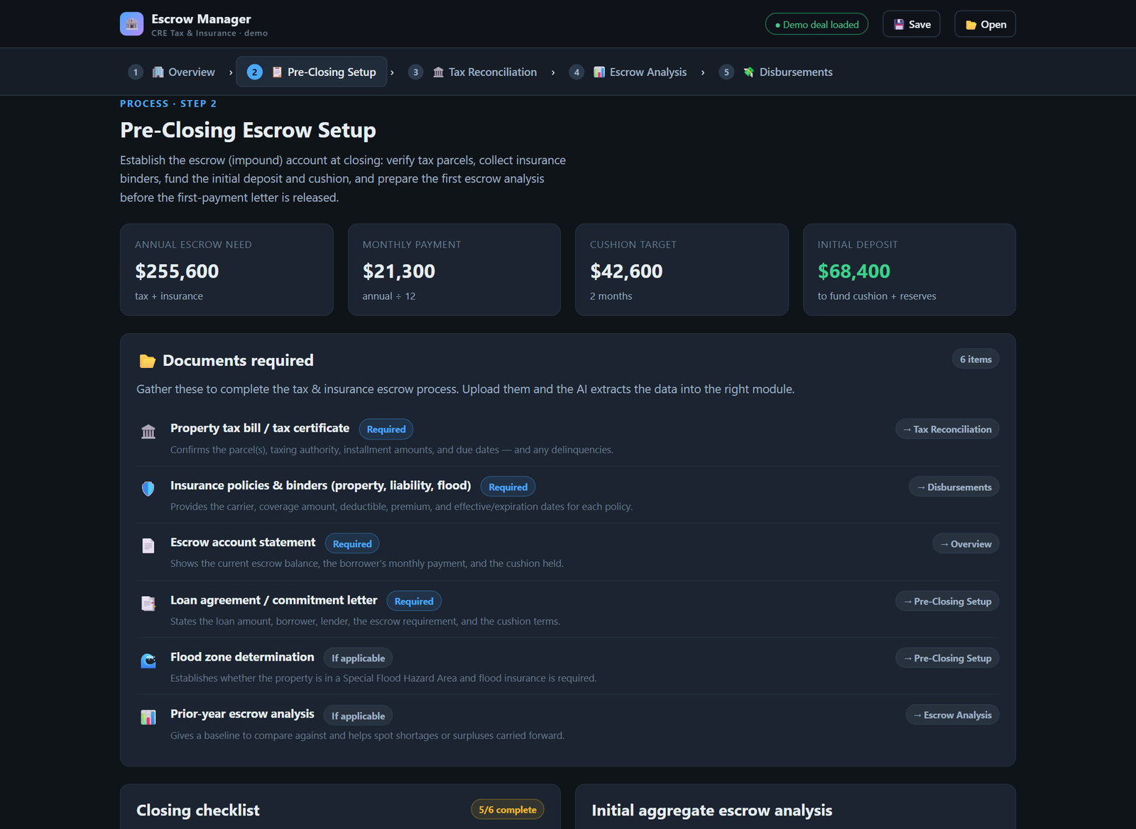 Pre-closing escrow setup with required documents checklist